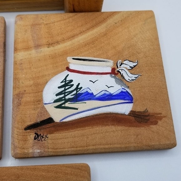 Drink Beverage Coasters Hand Painted Wood Holder Native American Southwest Set 4 - Picture 5 of 11